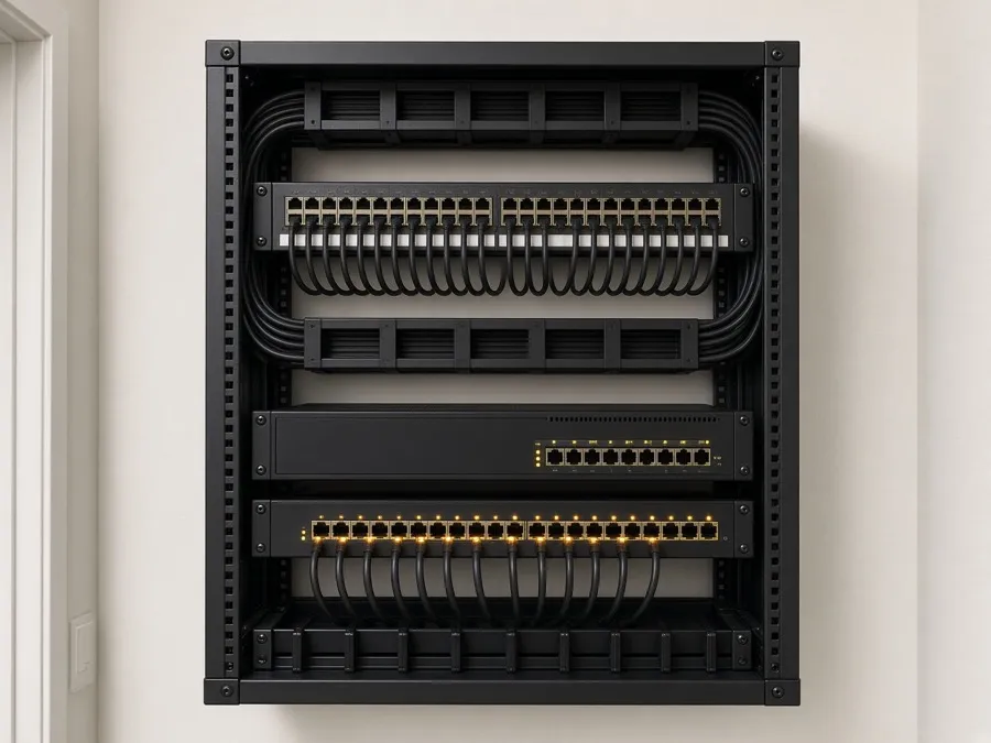 The same closet after a clean-up: short patch cables in neat rows, a labeled patch panel, firewall and PoE switch mounted in the rack.