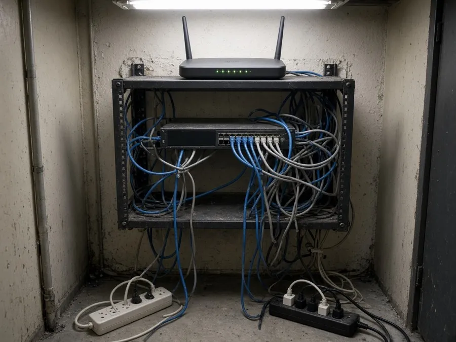 A small-office network closet before: tangled cables, a consumer router on top of the rack, power strips on the floor.
