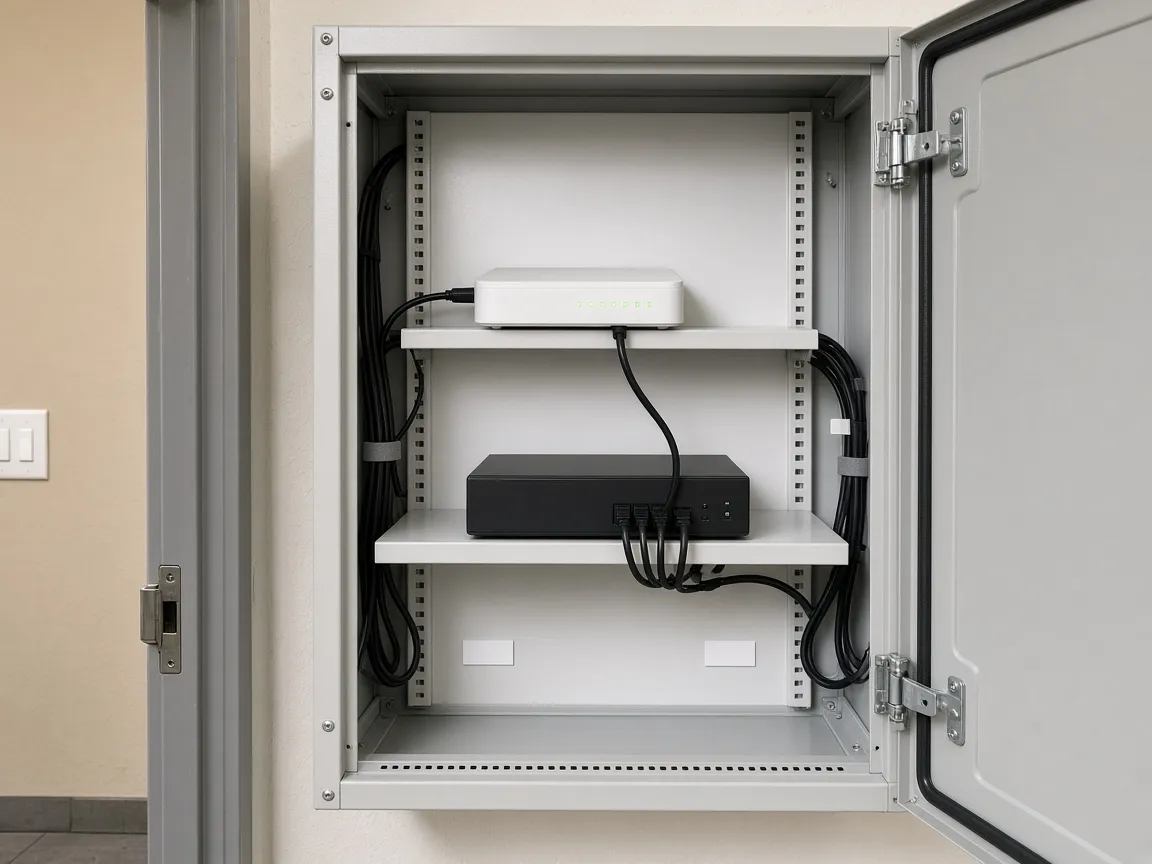 A wall cabinet with the provider modem on a shelf and a business firewall below it, cables dressed.