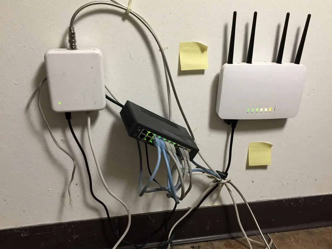 A provider modem, consumer router and small switch hanging off a wall by their cables, with sticky notes.
