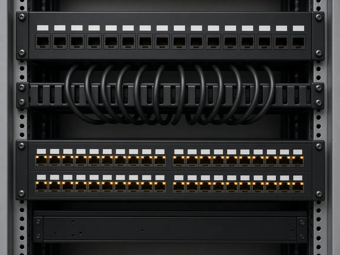 Short black patch cables in neat arcs through a cable manager, every port labeled.