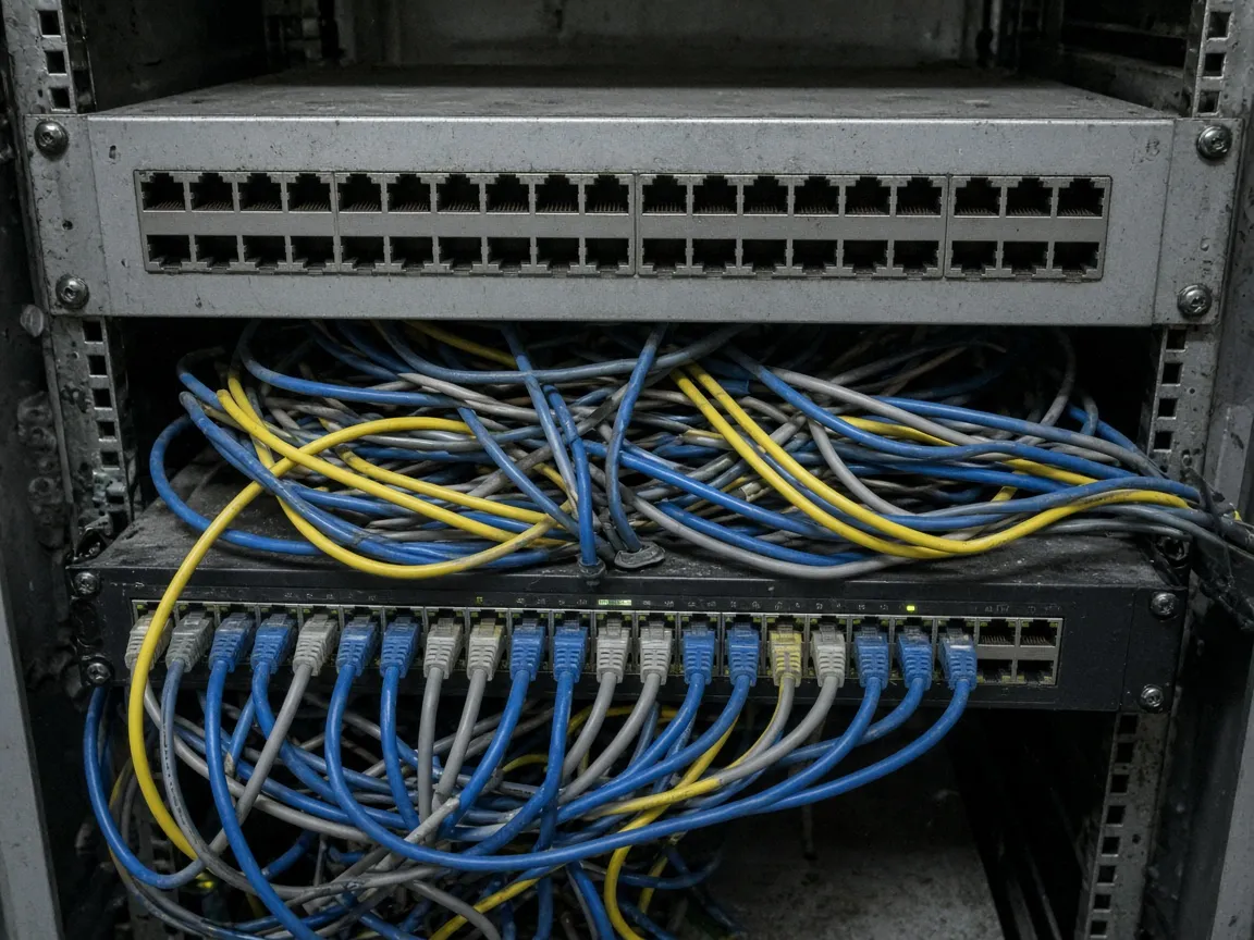 Long tangled patch cables of mixed colors spilling out of a switch and patch panel, no labels.