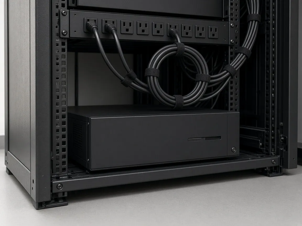 A rack-mounted UPS and power strip with cords bundled neatly.