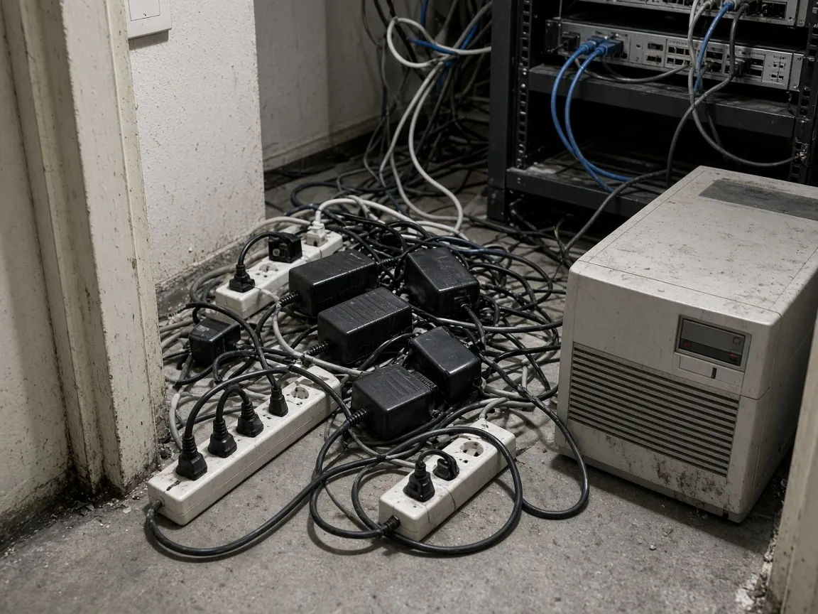 Daisy-chained power strips and power bricks on a closet floor next to an old UPS.